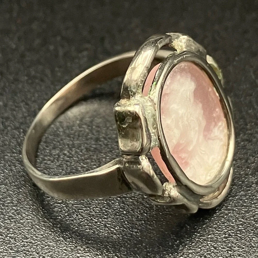 Vintage Sterling Silver Cameo Ring Pink Mother of Pearl Shell Carved Size 9